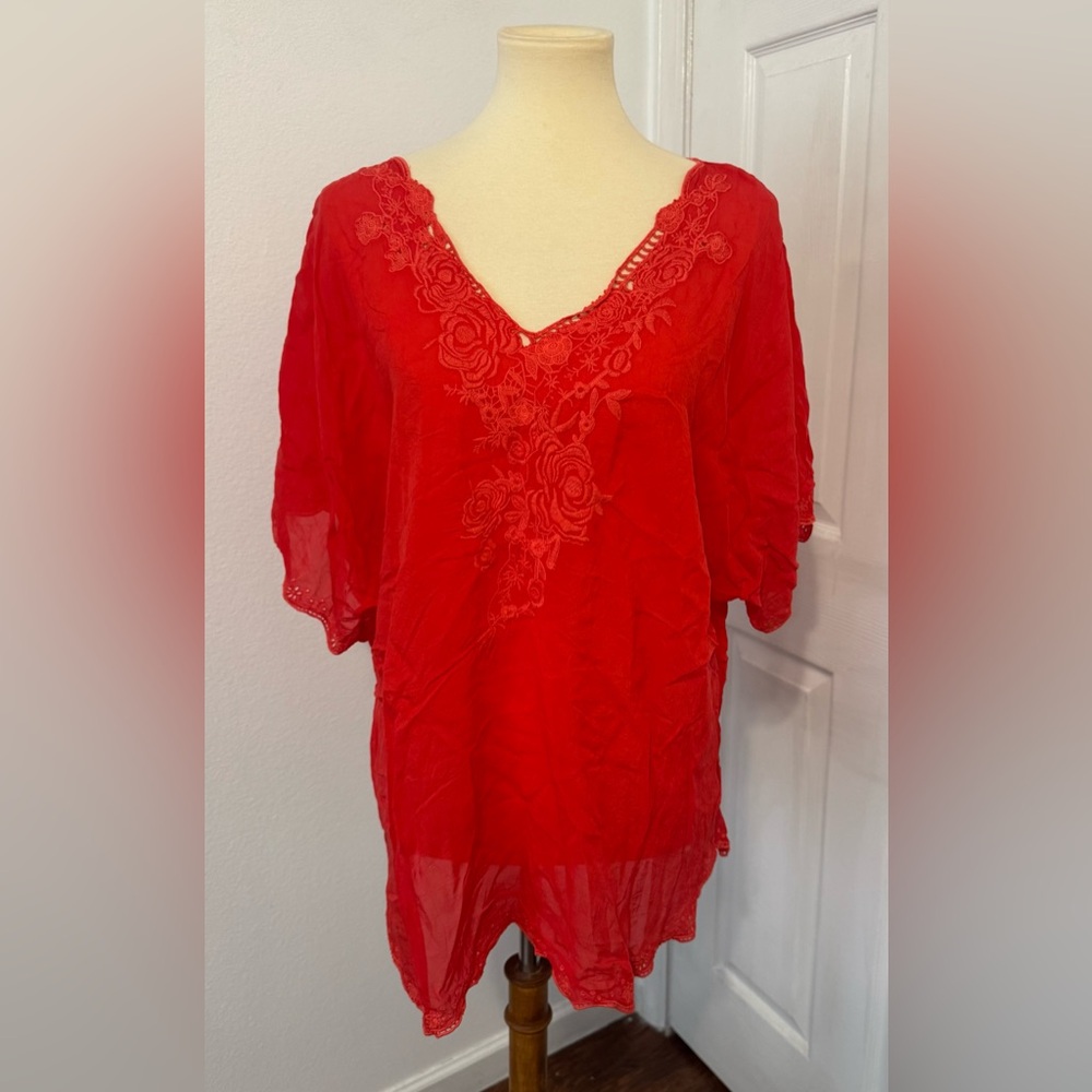 Johnny Was Red Embroidered Rayon Tunic Top Bohemian Artsy Floral Size XL